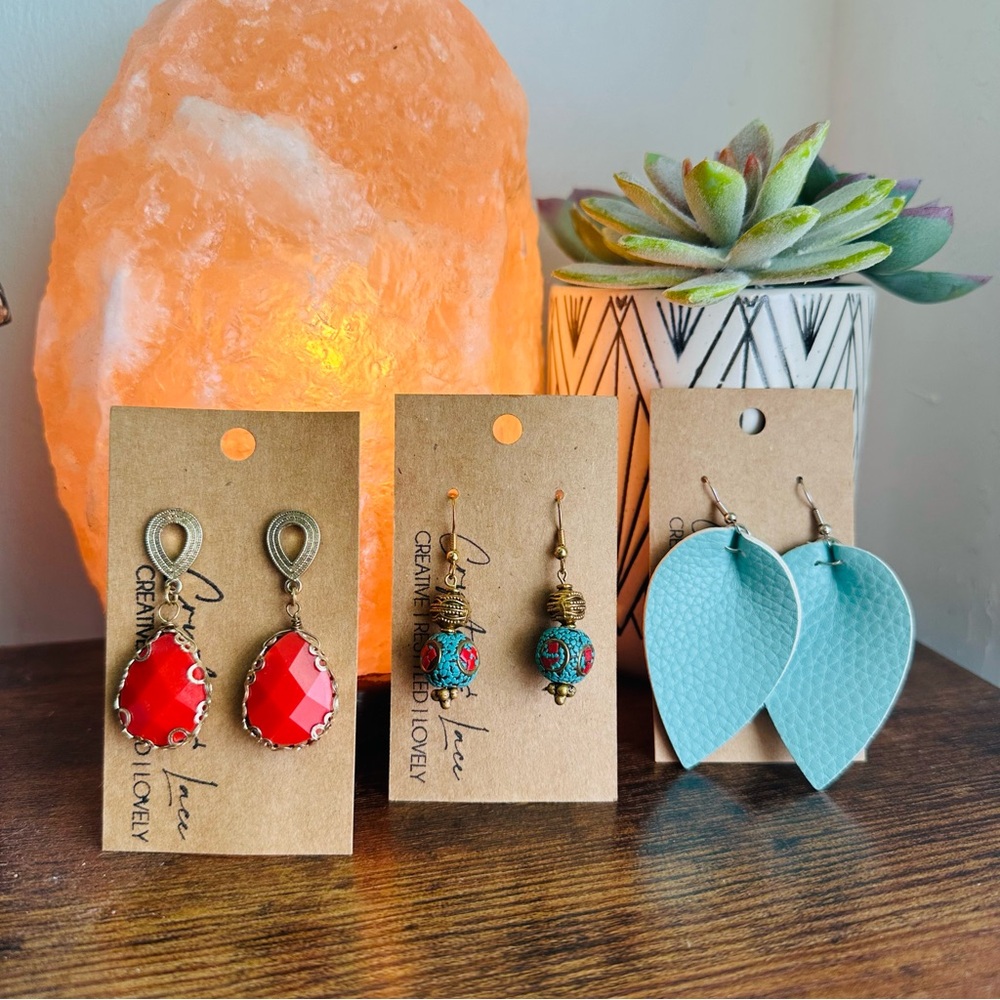 Colorful Earring Set with Dark Coral, Turquoise, and Blue